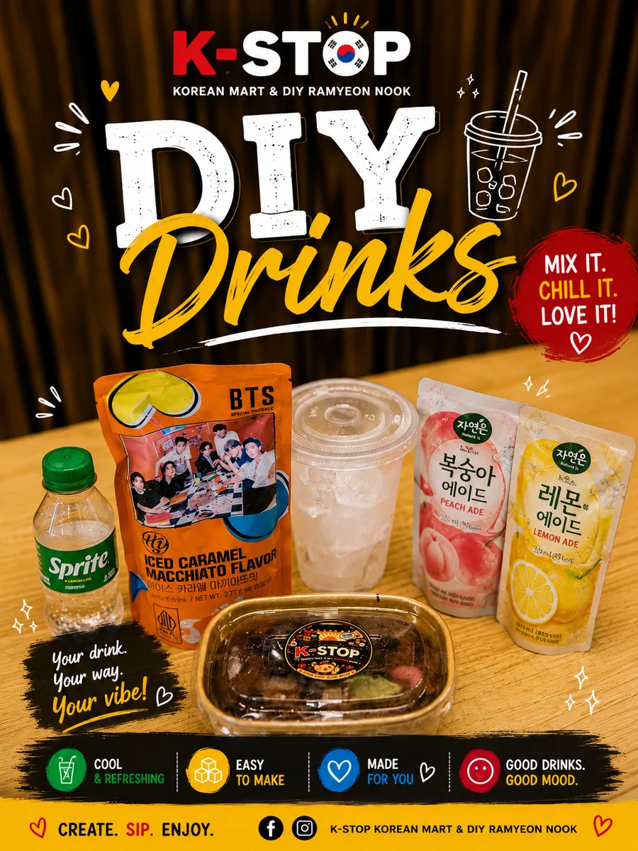 K-Stop DIY Drinks poster: Korean drink pouches, a Sprite bottle and a cup of ice on a wooden table