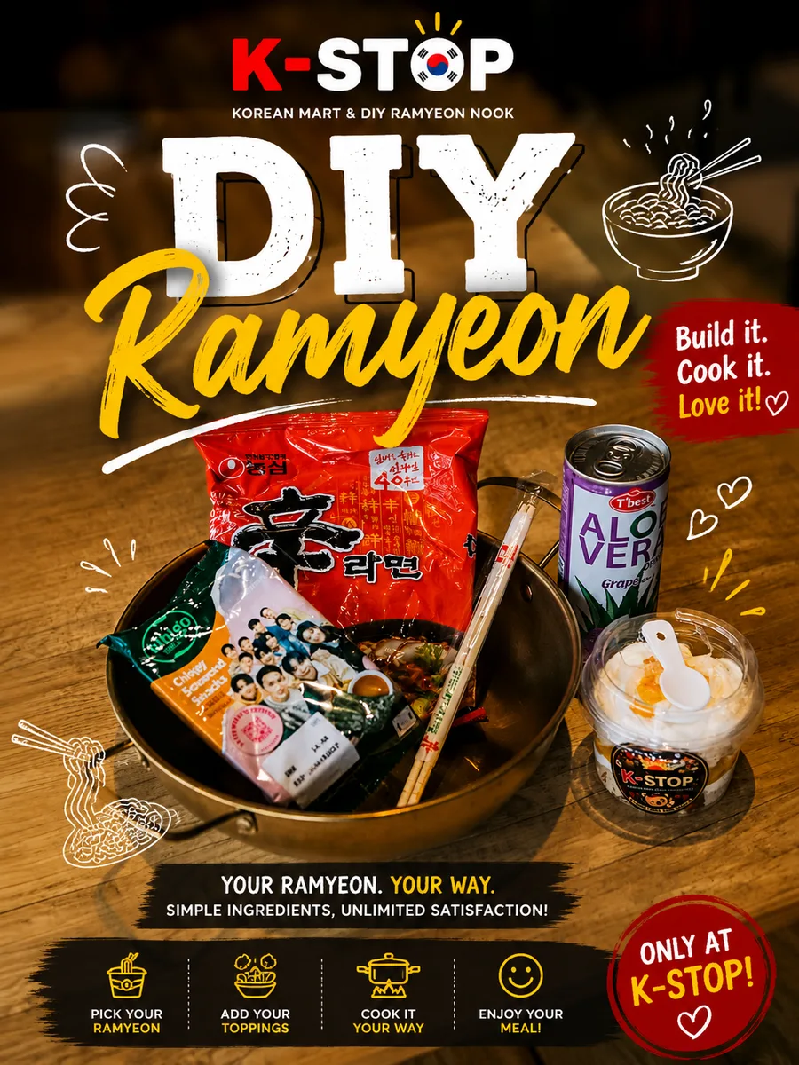 K-Stop DIY Ramyeon poster: a pot with a Shin Ramyun pack, seaweed snacks, chopsticks and a drink