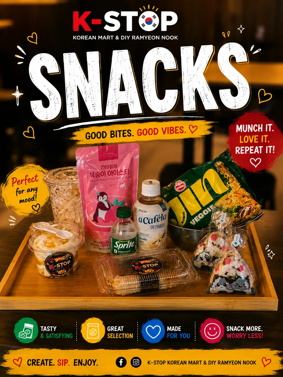 K-Stop Snacks poster: a tray of Korean snacks and drinks including ramyeon, rice balls and peach iced tea