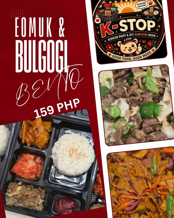 Eomuk and bulgogi bento box from K-Stop with beef bulgogi, stir-fried fish cake, steamed rice and kimchi