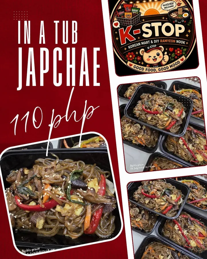 Tub of japchae from K-Stop with glass noodles, beef, mushrooms, peppers and sesame seeds