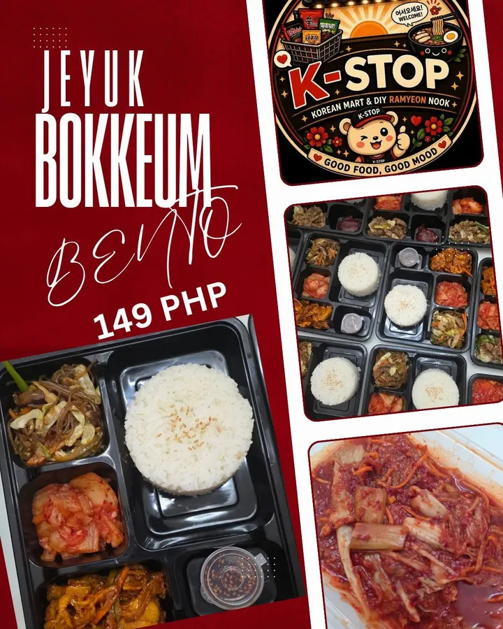 Jeyuk Bokkeum bento box from K-Stop with steamed rice, japchae, kimchi and spicy stir-fried pork
