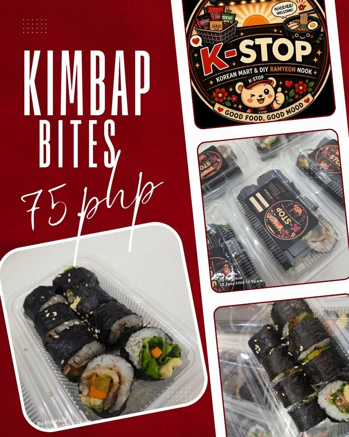 Kimbap bites from K-Stop, seaweed rice rolls sliced into rounds with vegetables and egg