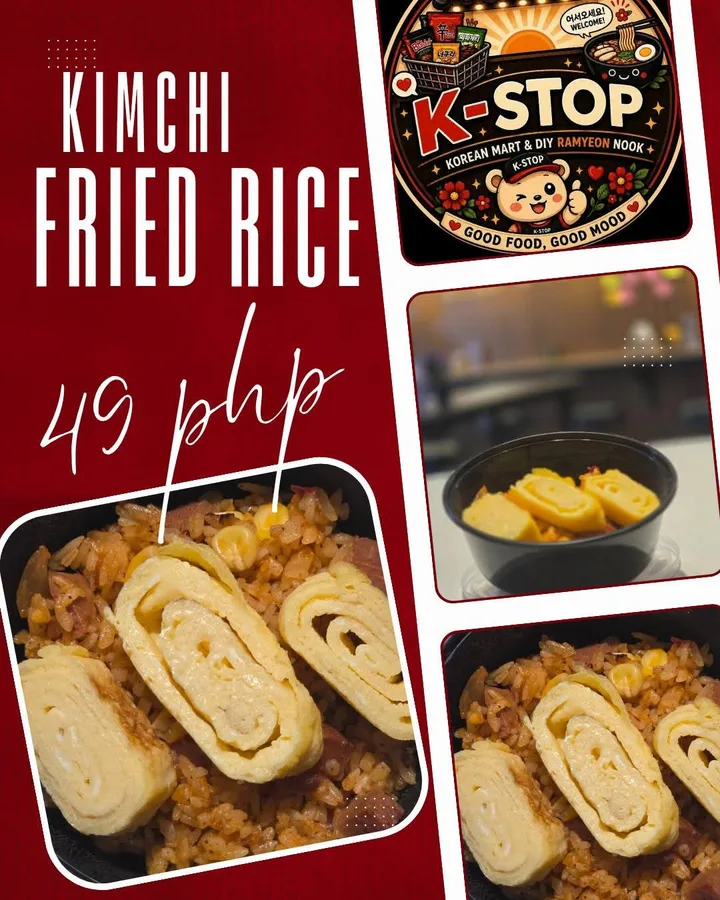 Kimchi fried rice from K-Stop topped with sliced rolled egg