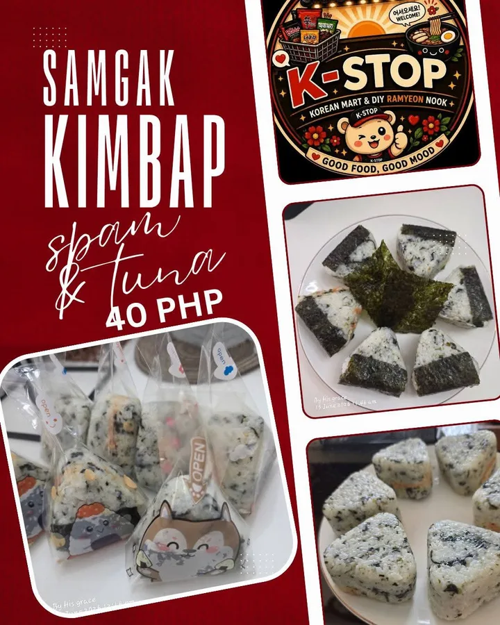 Samgak kimbap rice triangles from K-Stop wrapped in printed sleeves, spam and tuna flavours