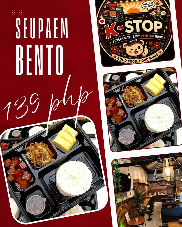 Seupaem bento box from K-Stop with glazed spam cubes, rolled egg, japchae and steamed rice