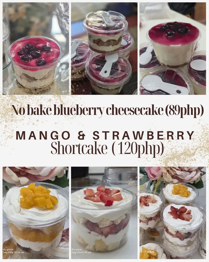 Cups of no-bake blueberry cheesecake and mango and strawberry shortcake from K-Stop